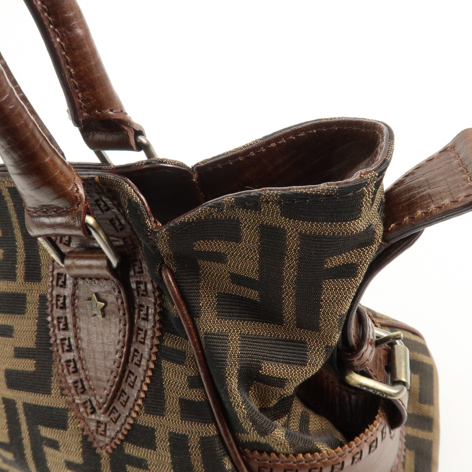 FENDI Ethnico Zucca Canvas Leather Shoulder Bag Brown 8BN157