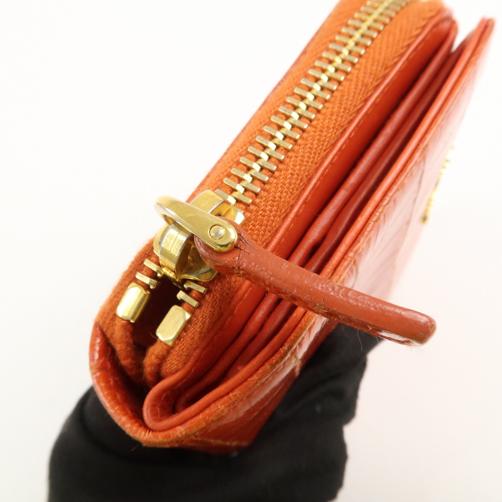 MIU MIU Leather Bi-Fold Wallet Compact Wallet Orange Gold Hardware Used