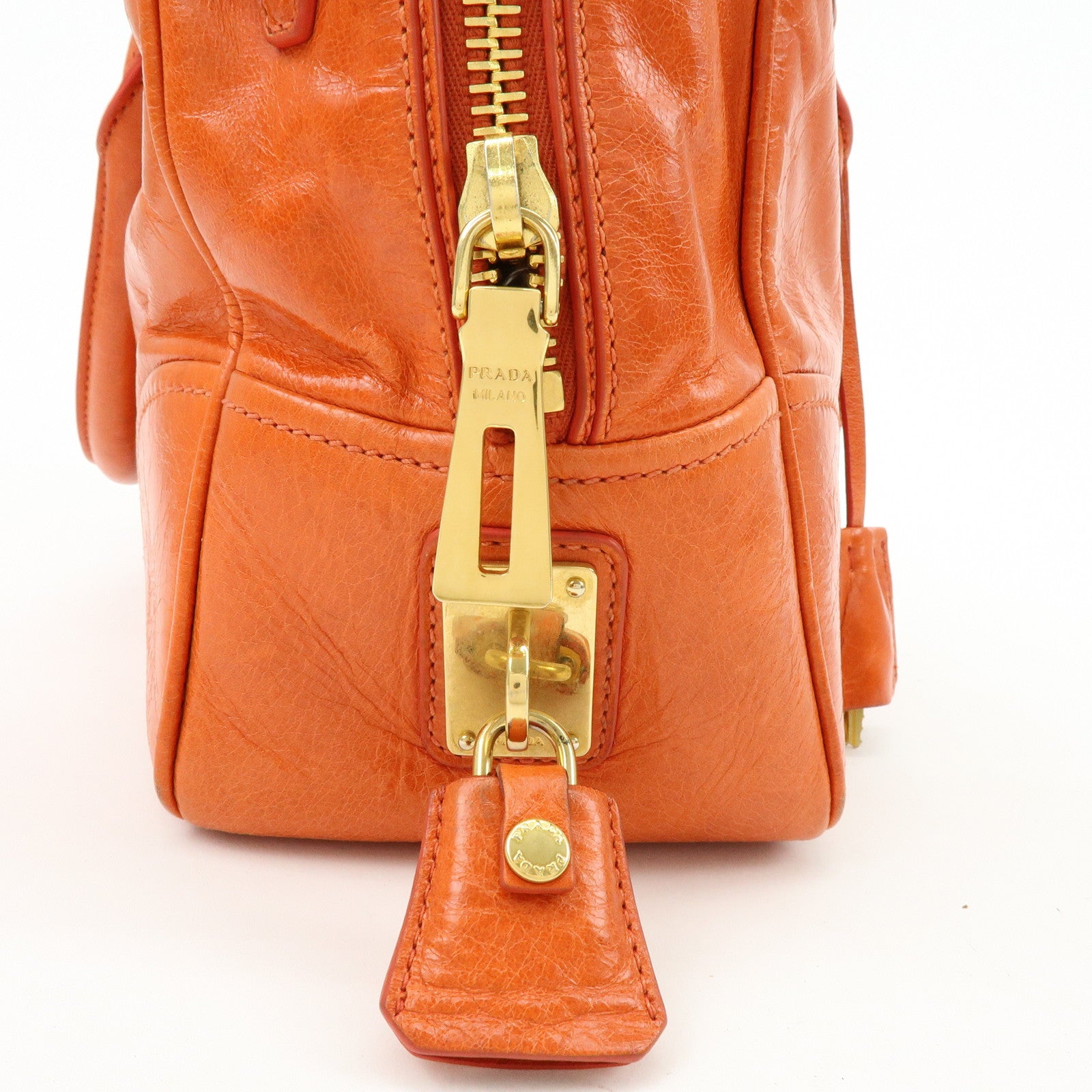 PRADA Logo Leather Boston Bag Hand Bag Shoulder Bag Orange BL0821