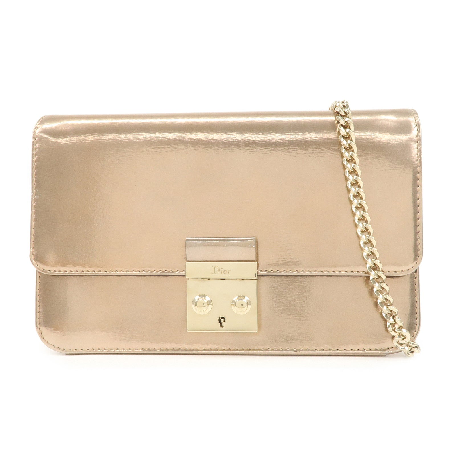 Christian Dior Patent Leather Chain Shoulder Bag Metallic Pink Used