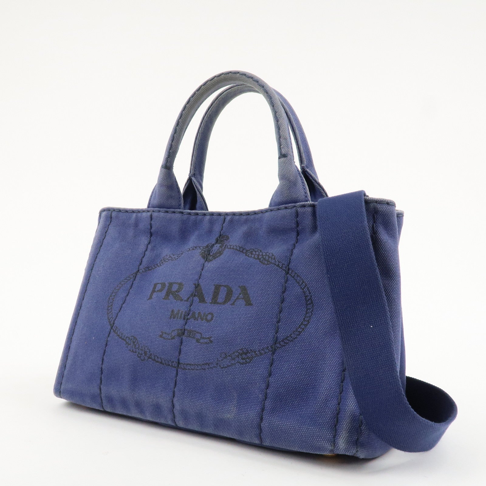 PRADA Logo Canapa Canvas 2Way Tote Bag Hand Bag Navy B2642B Used