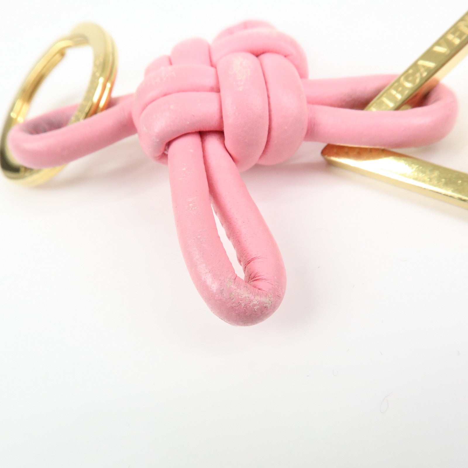 BOTTEGA VENETA Leather Metal Bag Charm Key Chain Gold Pink