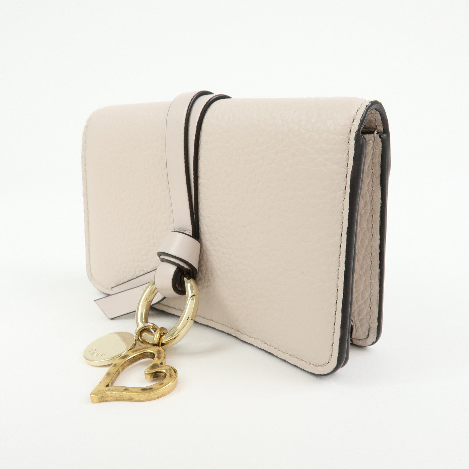Chloe Alphabet Leather Card Case Mini Trifold Wallet Heart Ivory