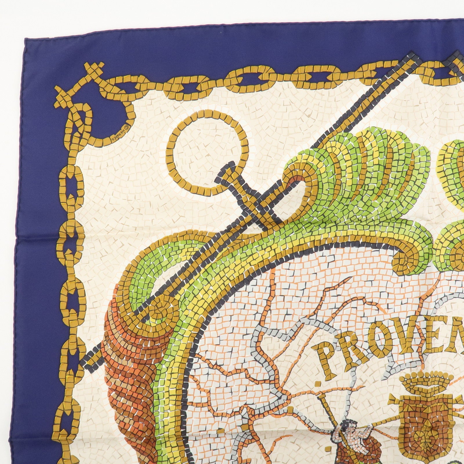 HERMES Carre 90 Silk 100% PROVENCE Scarf Navy Ivory