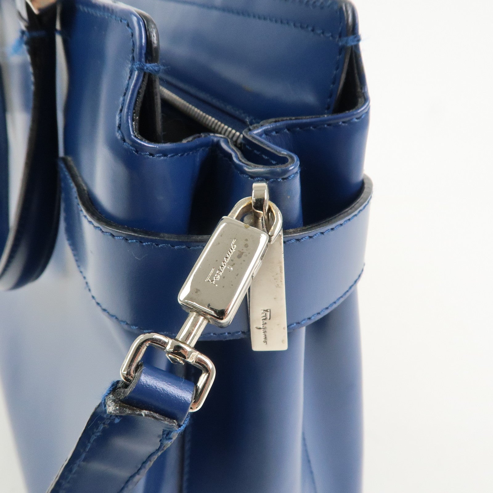 Ferragamo Gancini Logo Leather 2Way Bag Hand Bag Shoulder Bag Blue