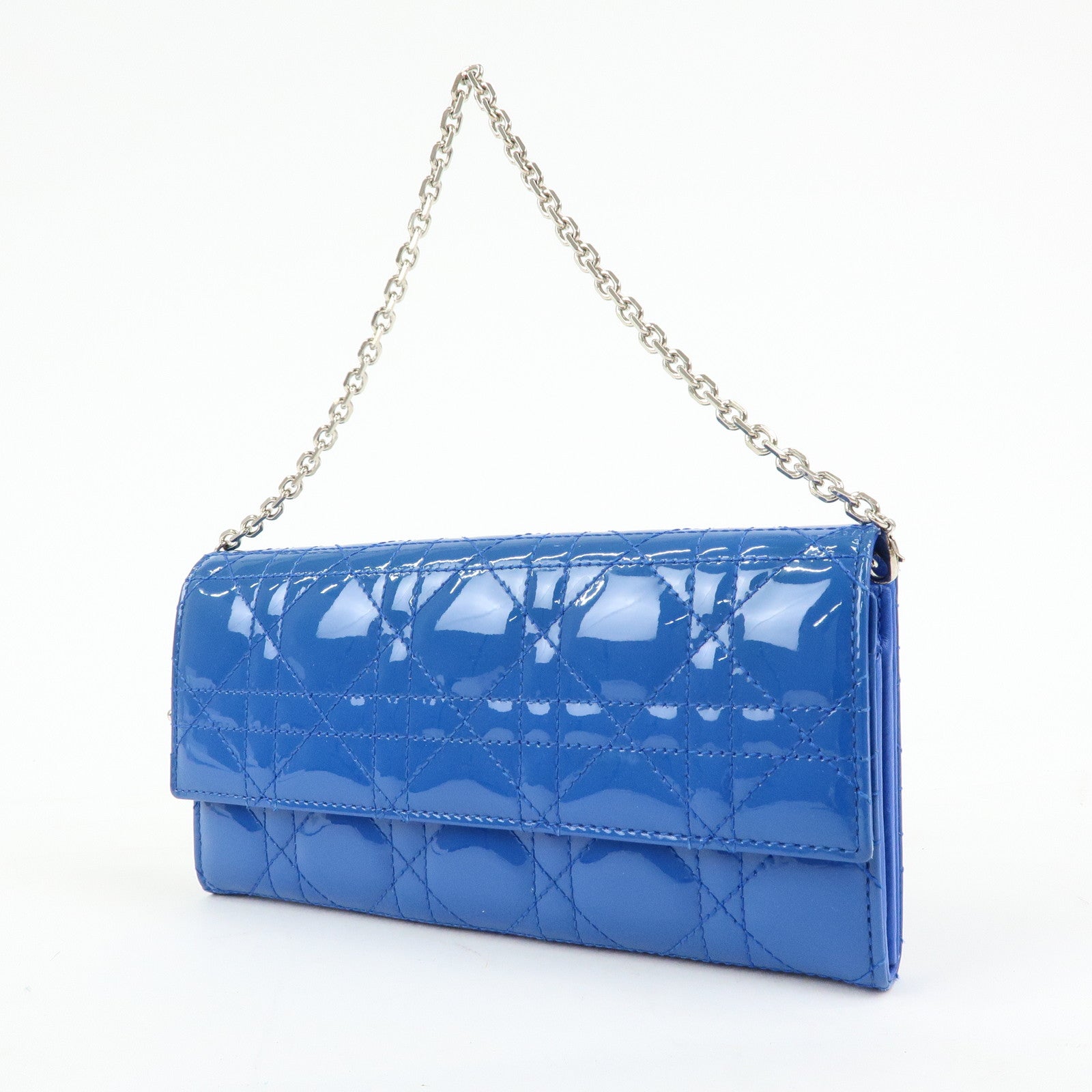 Christian Dior Cannage Patent Leather Chain Wallet WOC Blue Silver