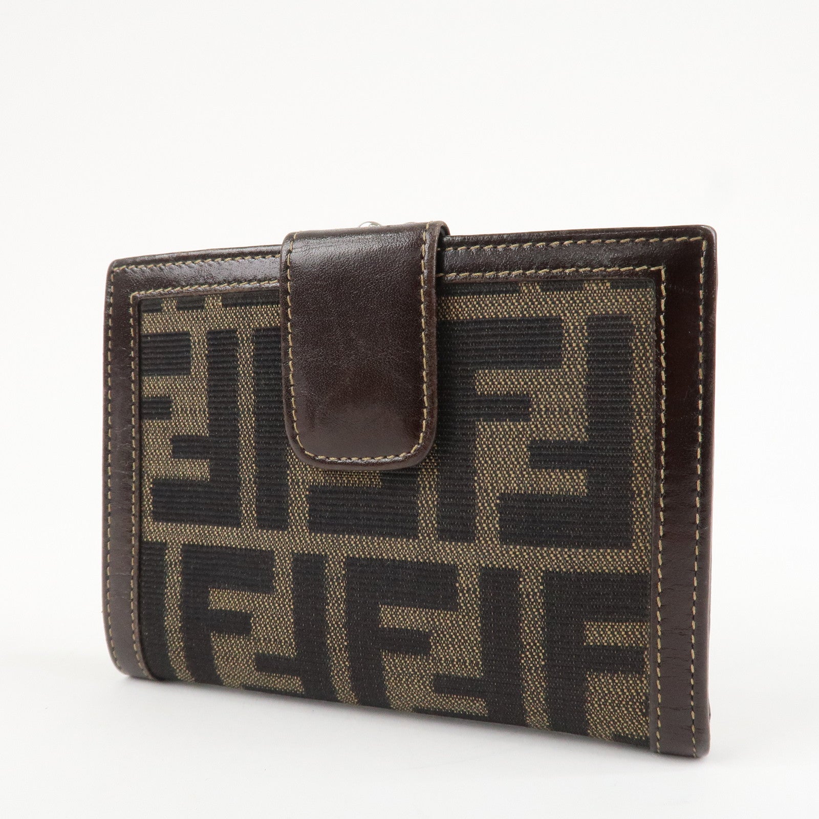 FENDI Zucca Canvas Leather Bi-Fold Wallet Brown Black Used