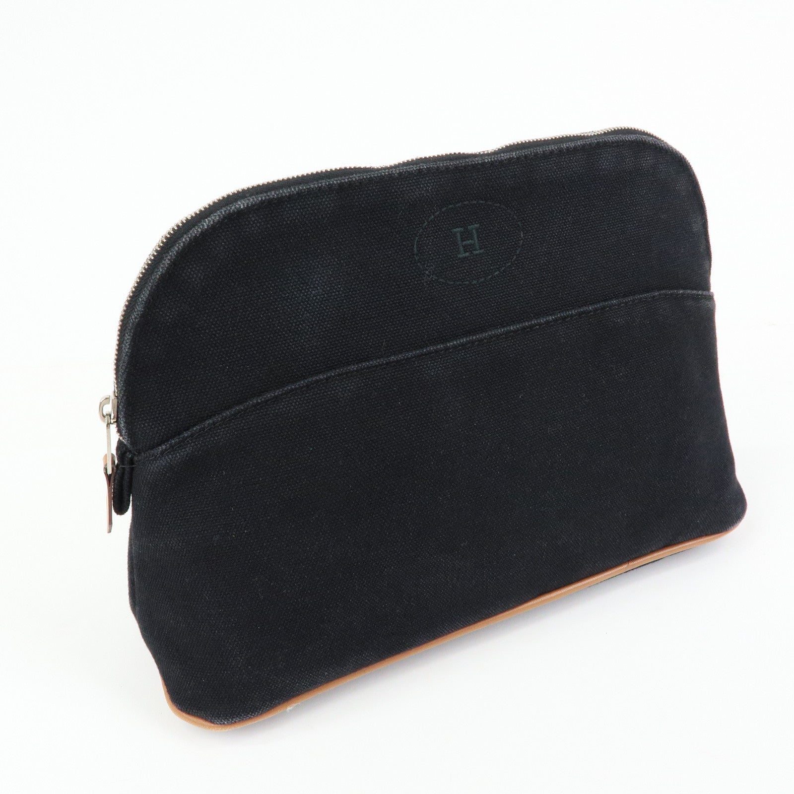 HERMES Bolide MM Cotton Leather Cosmetic Pouch Black Beige