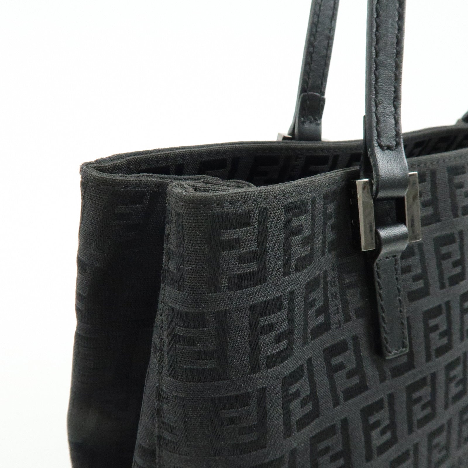 FENDI Zucchino Canvas Leather Tote Bag Hand Bag Black 8BH072