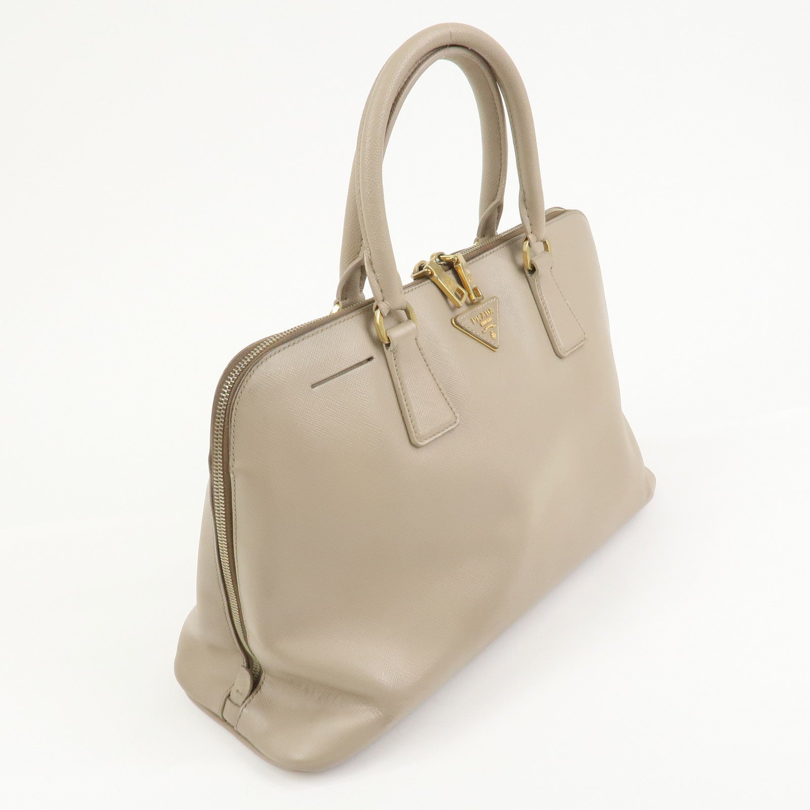 PRADA Triangle Logo Saffiano Leather Hand Bag Greige BL0812