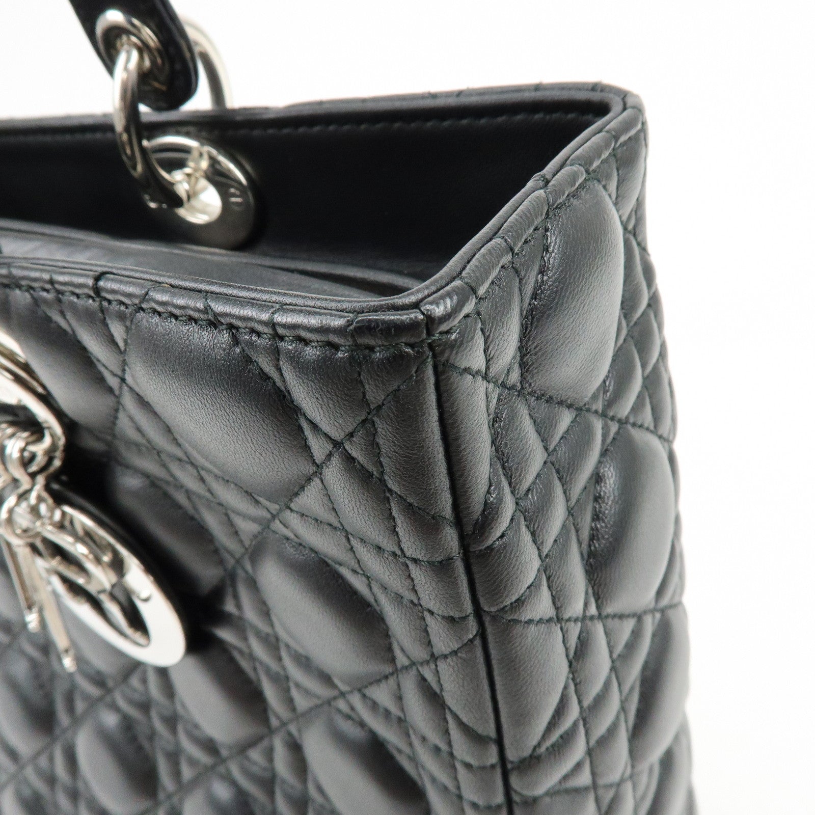 Christian Dior Cannage Large Lamb Skin 2Way Bag Hand Bag Black