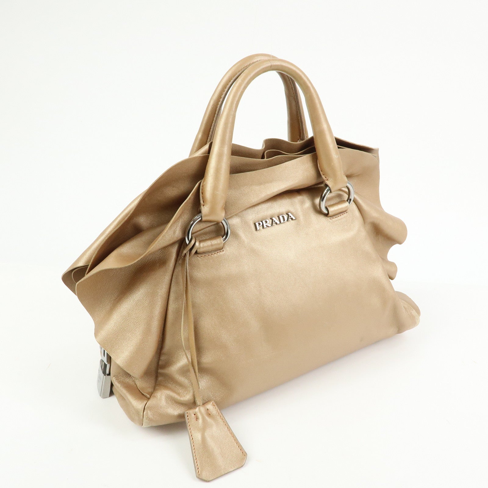 PRADA Frilled Leather Tote Bag Hand Bag Champagne Gold