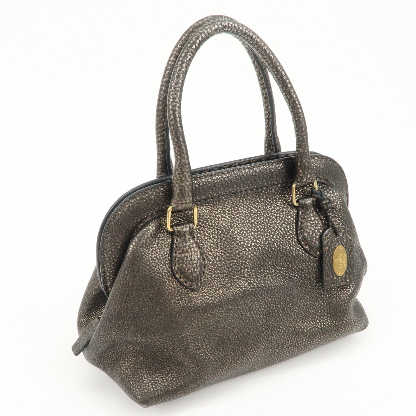 FENDI Selleria Leather Boston Bag Hand Bag Metallic Black 8BN127