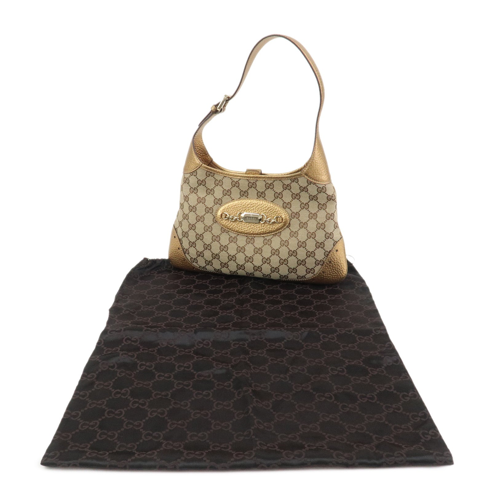 GUCCI GG Monogram Canvas Leather Shoulder Bag Beige Gold 145778