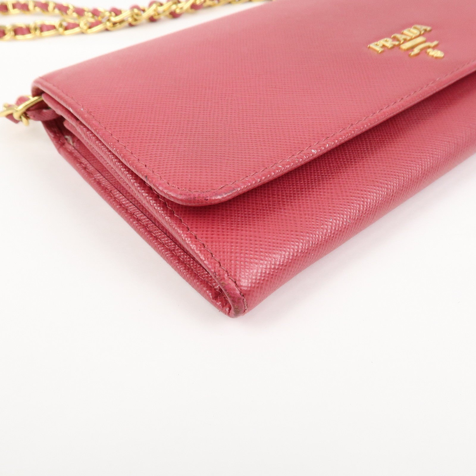 PRADA Logo Saffiano Leather WOC Chain Long Wallet Pink 1M1290