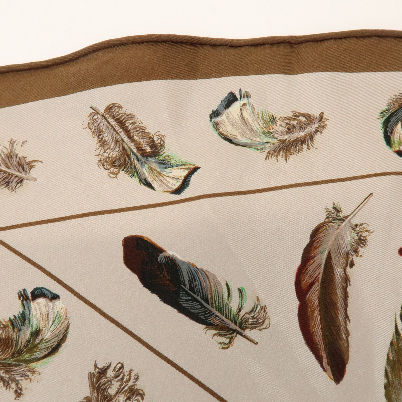 HERMES Pointu Silk 100% Scarf PLUMES Feather Print Brown Beige