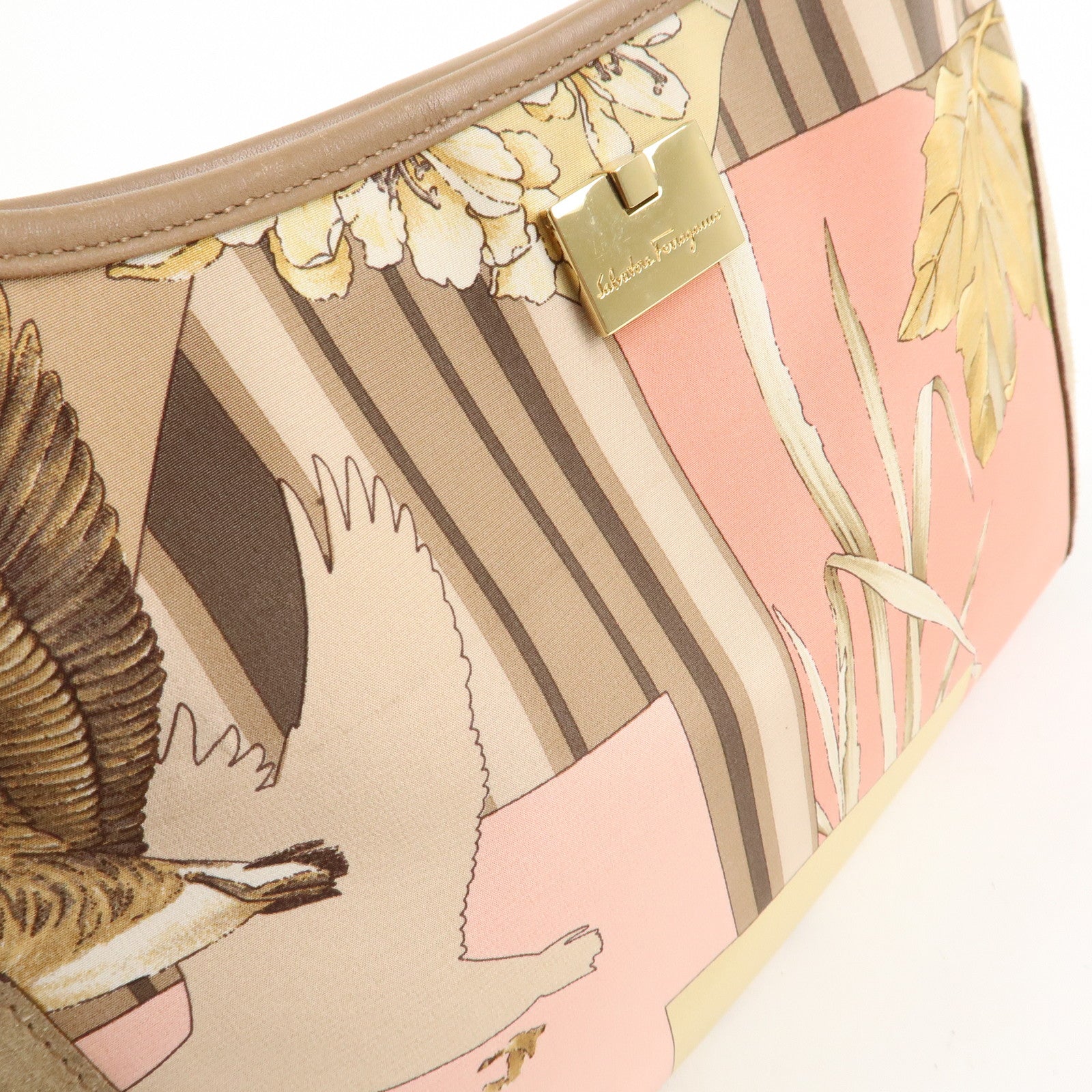Ferragamo Nylon Leather Shoulder Bag Brown Pink Gold