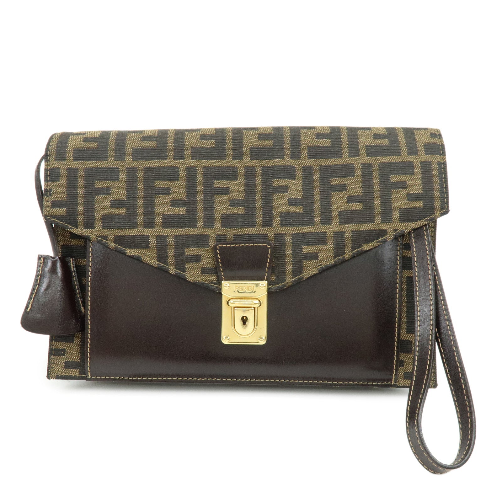 FENDI Zucca Canvas Leather Wrist Bag Clutch Bag Pouch Brown Black