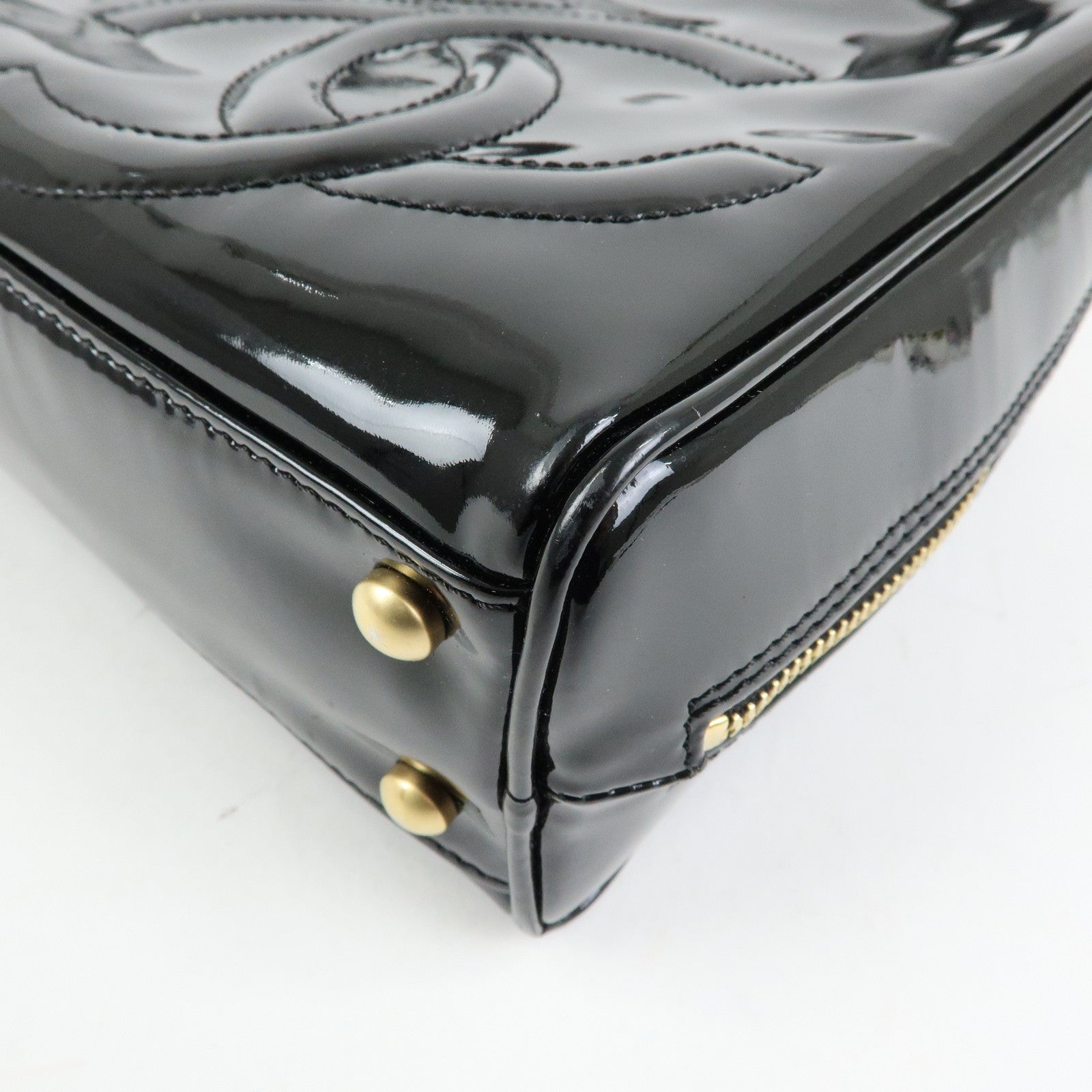 CHANEL Triple COCO Mark Patent Leather Tote Bag Hand Bag Black