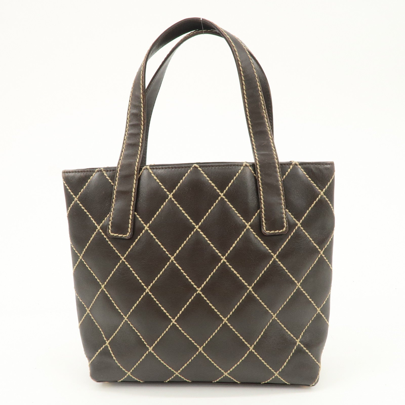 CHANEL COCO Mark Wild Stitch Leather Tote Bag Hand Bag Brown A18126 Used