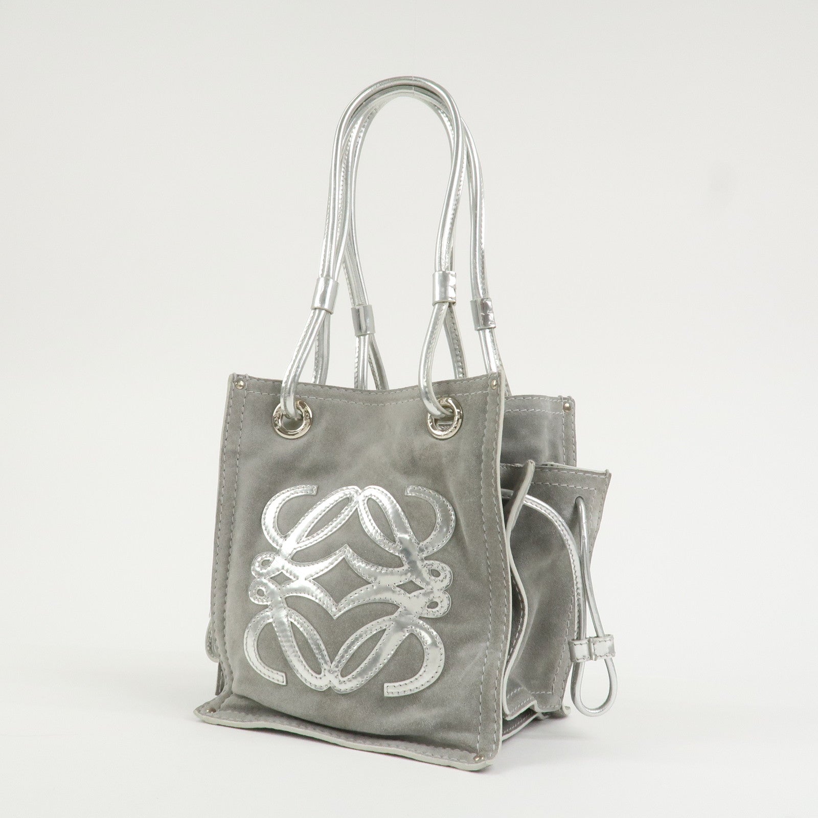 LOEWE Anagram Suede Leather Shoulder Bag Hand Bag Gray Silver
