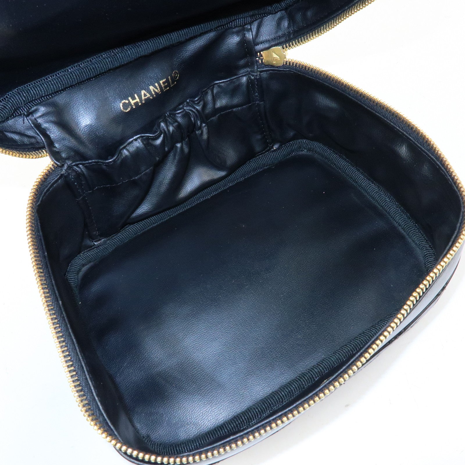 CHANEL Bicolore COCO Mark Lamb Skin Cosmetic Case Black A01618