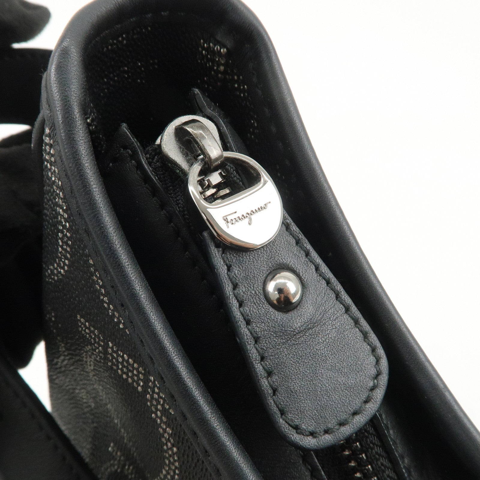 Ferragamo Gancini Logo PVC Leather Shoulder Bag Hand Bag Black