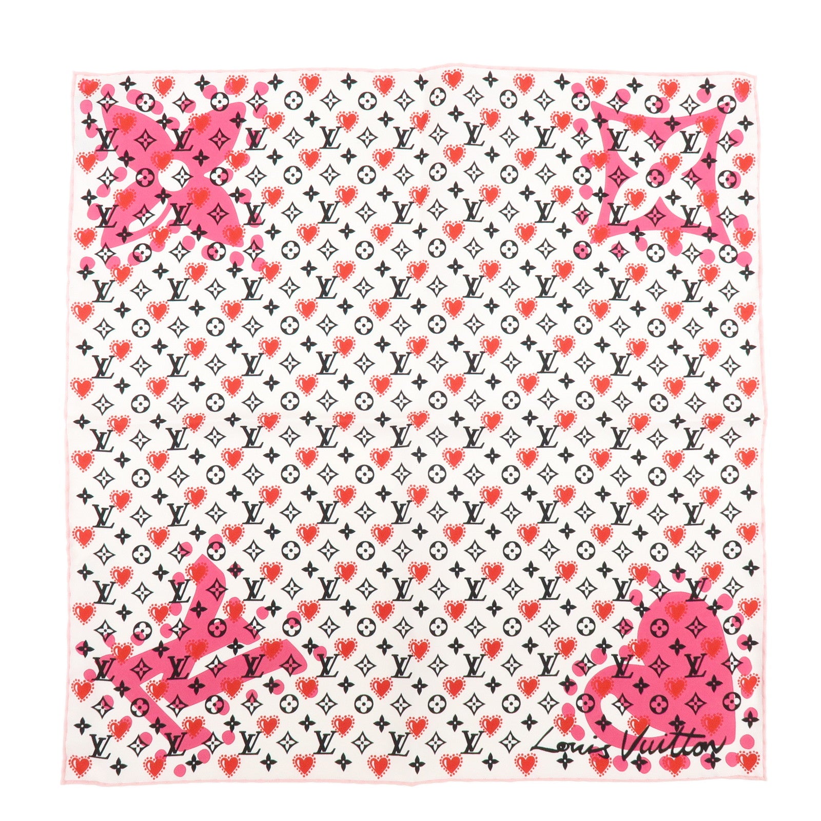Louis Vuitton Monogram Carre Silk 100% Scarf White Pink M77354
