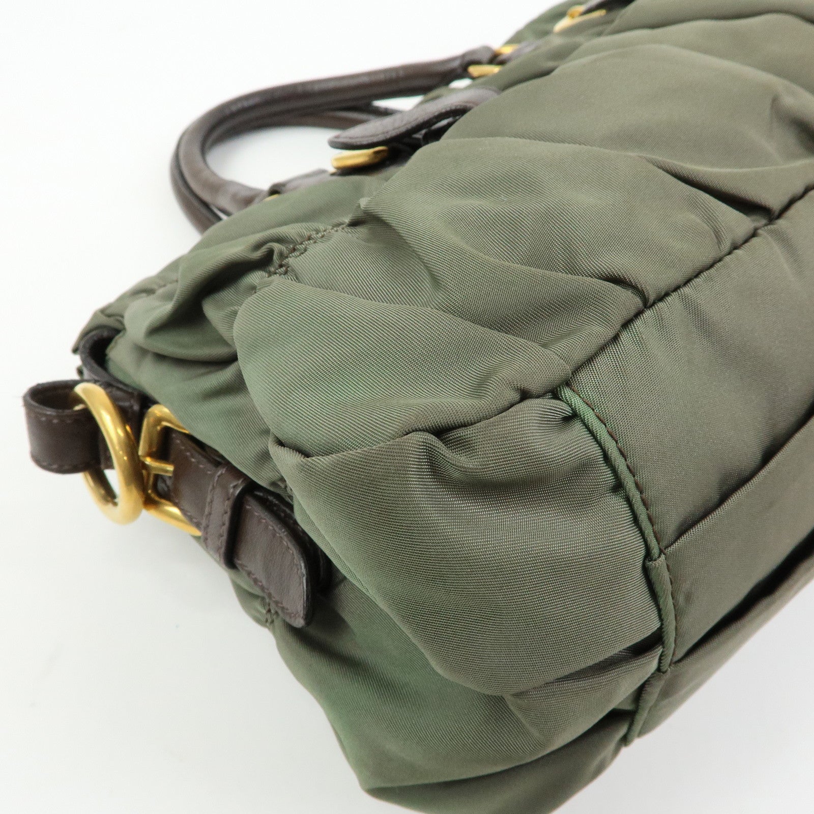 PRADA Nylon Leather Gathered 2Way Bag Hand Bag Khaki BN1407