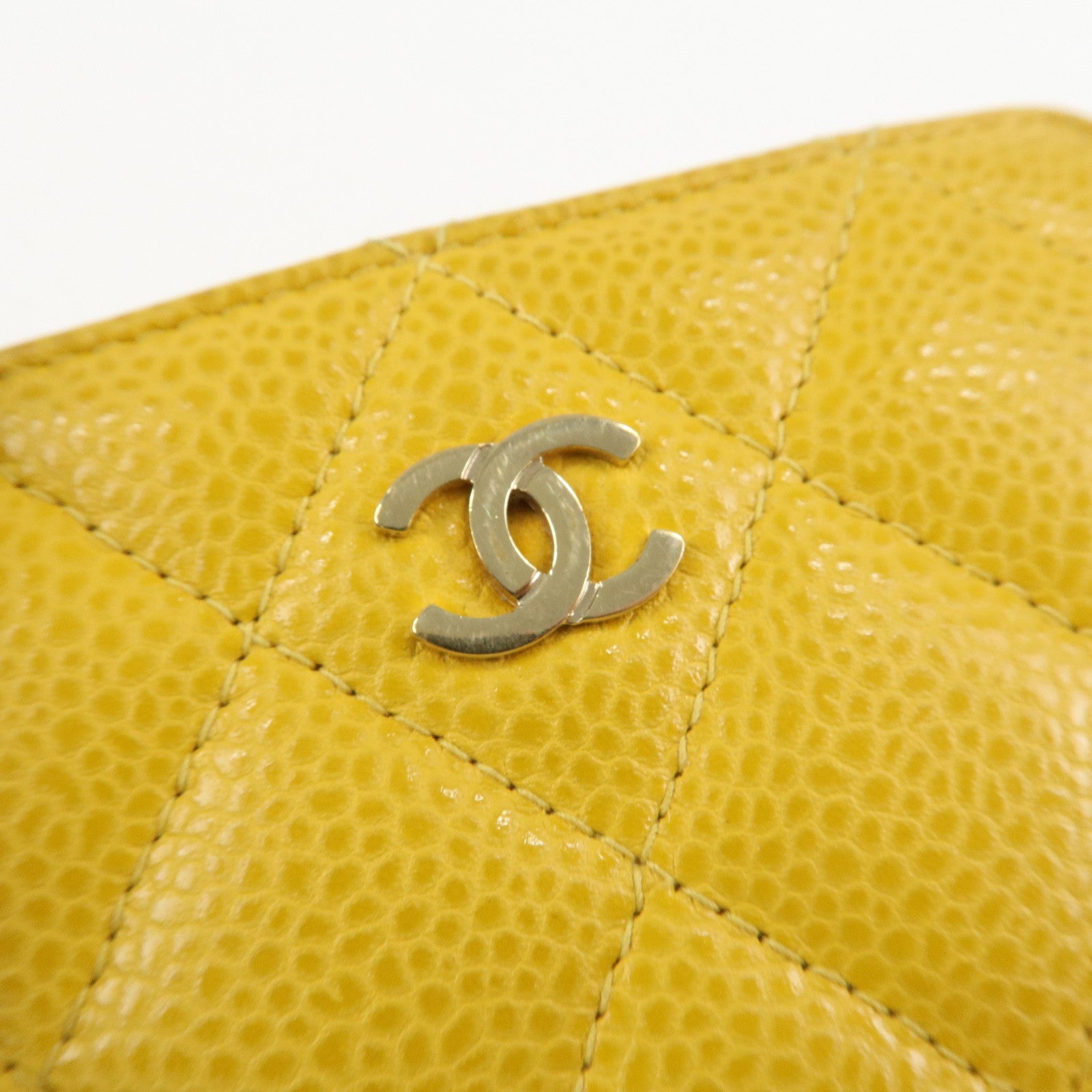 CHANEL Matelasse Caviar Skin Round Zippy Coin Case Yellow A84511 Used