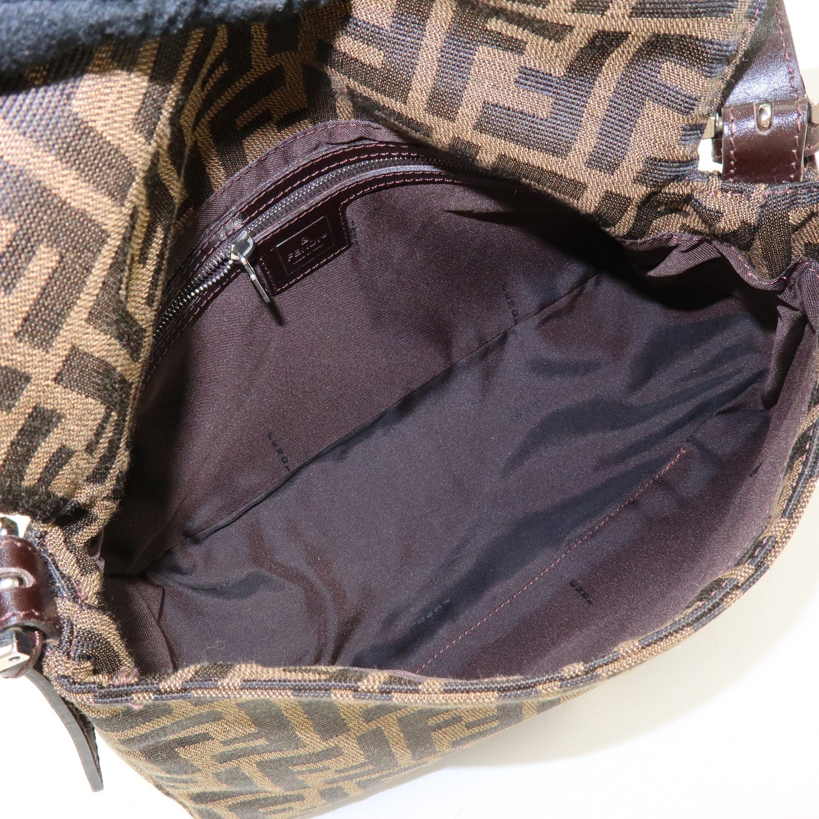 FENDI Mamma Baguette Zucca Canvas Leather Shoulder Bag Brown 26325