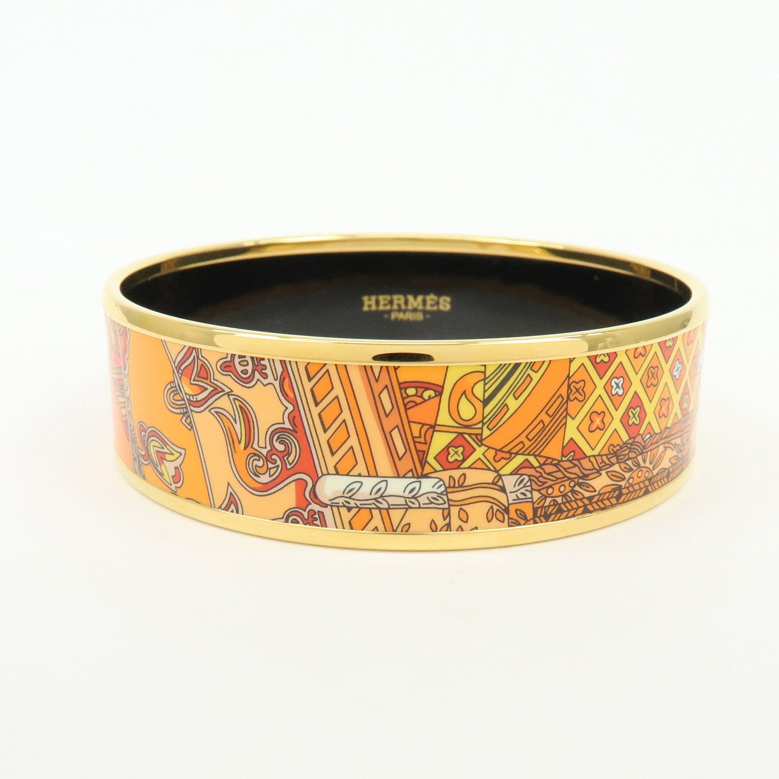 HERMES Gold Plated Email GM Bangle Bracelet Orange Gold