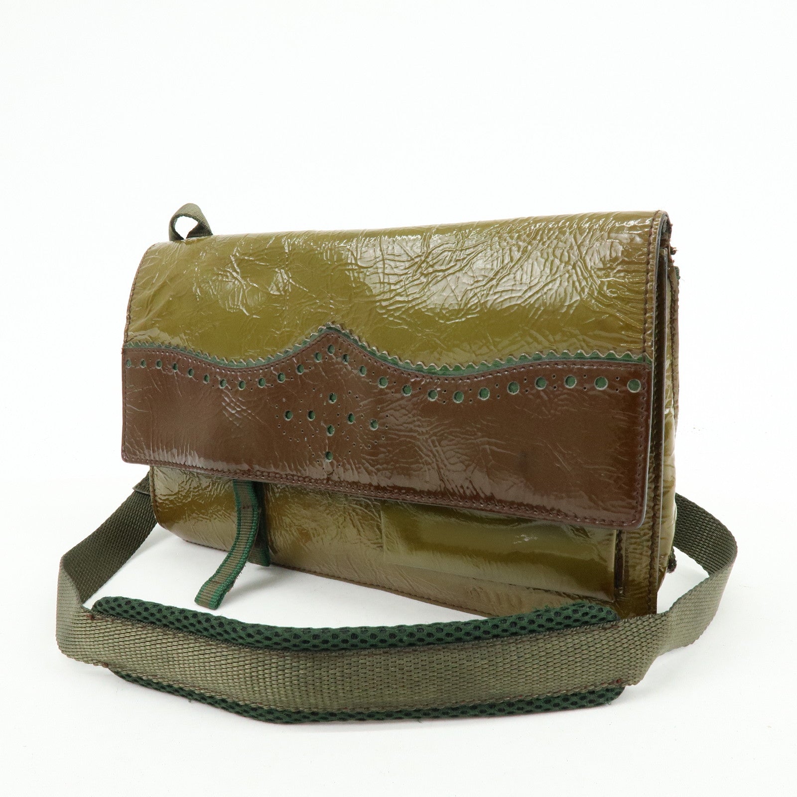 MIU MIU Patent Leather Nylon Shoulder Bag Khaki Brown