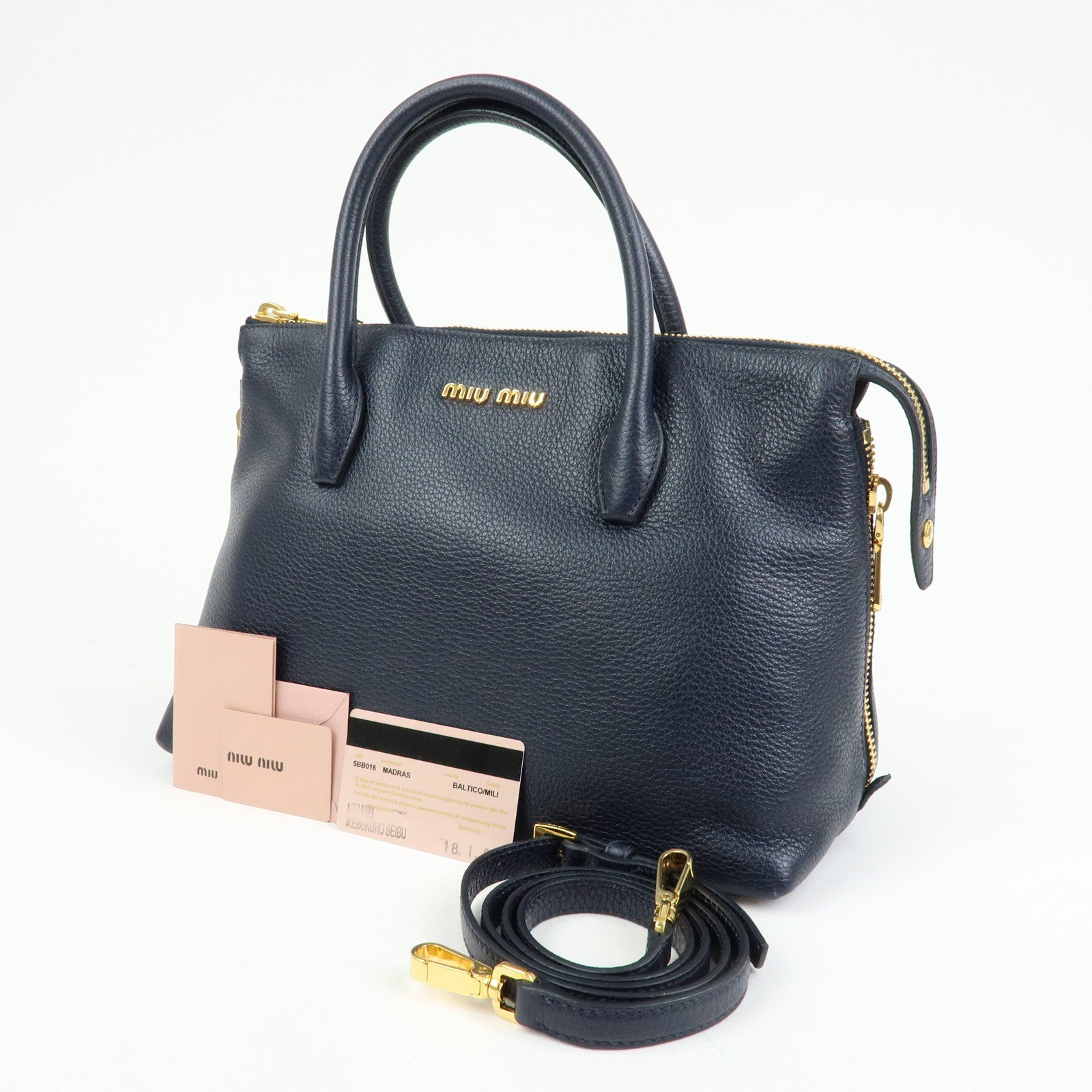 MIU MIU Logo Leather 2WAY Bag Shoulder Bag Hand Bag Navy 5BB016