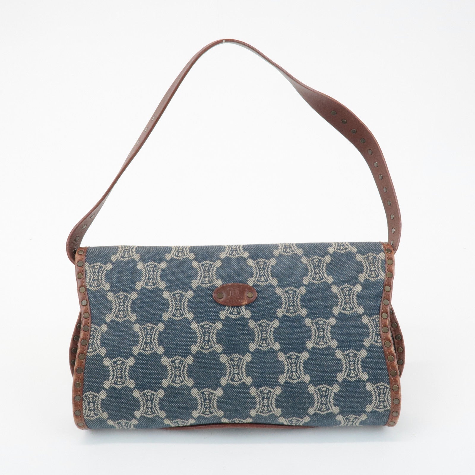 CELINE Macadam Denim Canvas Leather Shoulder Bag Blue Brown Used