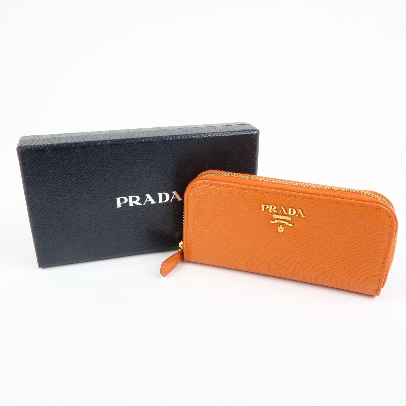 PRADA Saffiano Leather Round Zippy 6 Rings Key Case Orange 1PG604