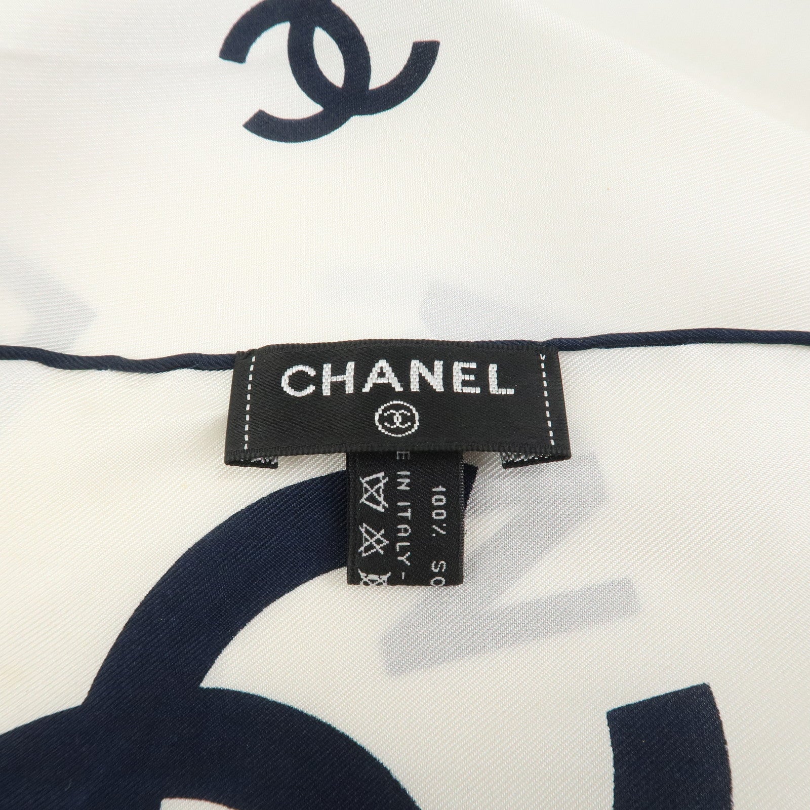 CHANEL COCO Mark Silk 100% Scarf White Navy