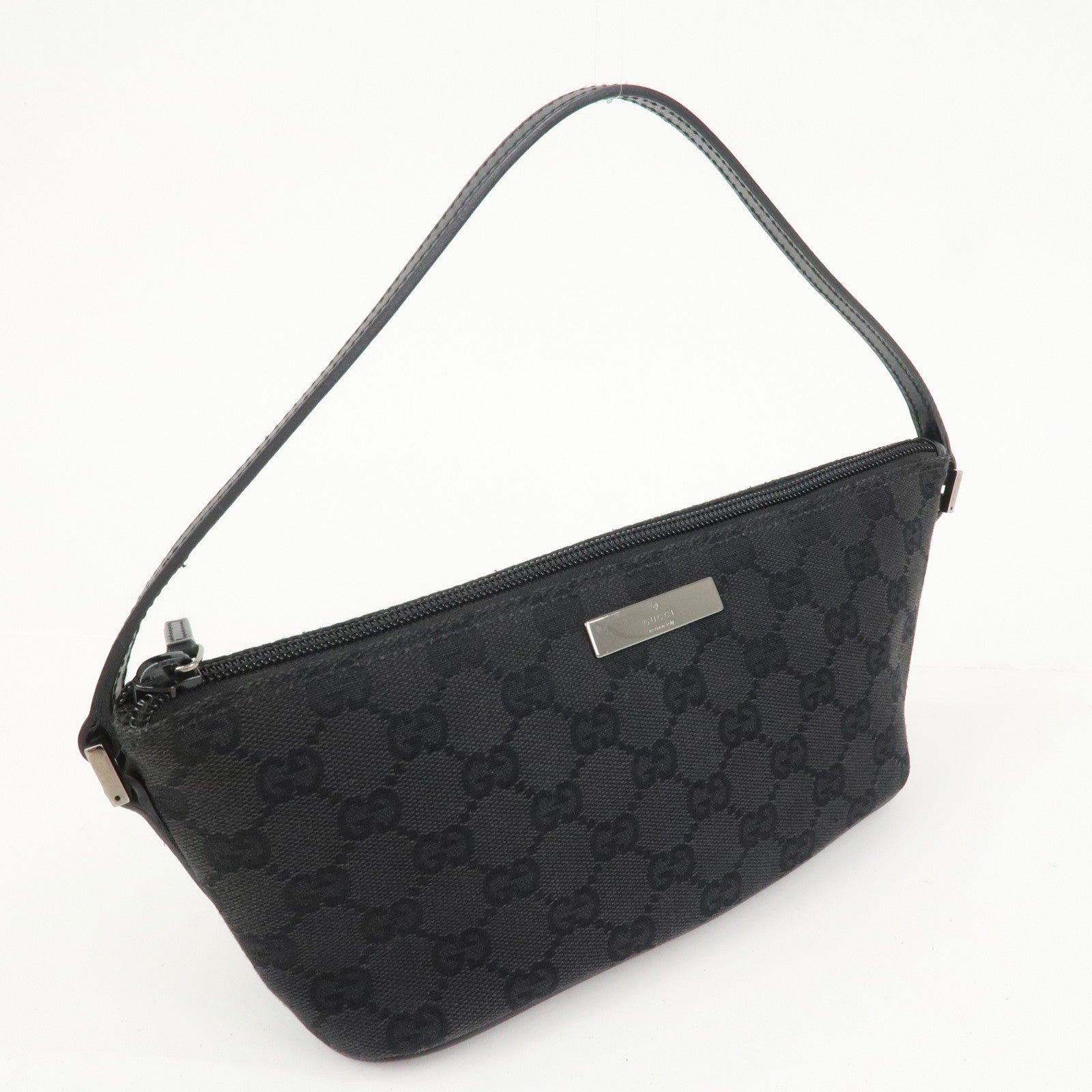 GUCCI Boat Bag GG Canvas Leather Hand Bag Pouch Black 07198