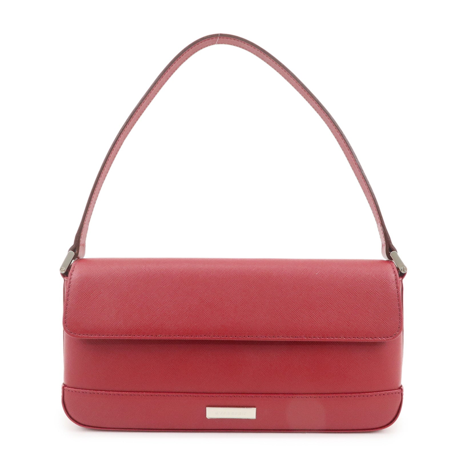 BURBERRY Logo Leather Shoulder Bag Hand Bag Red Silver
