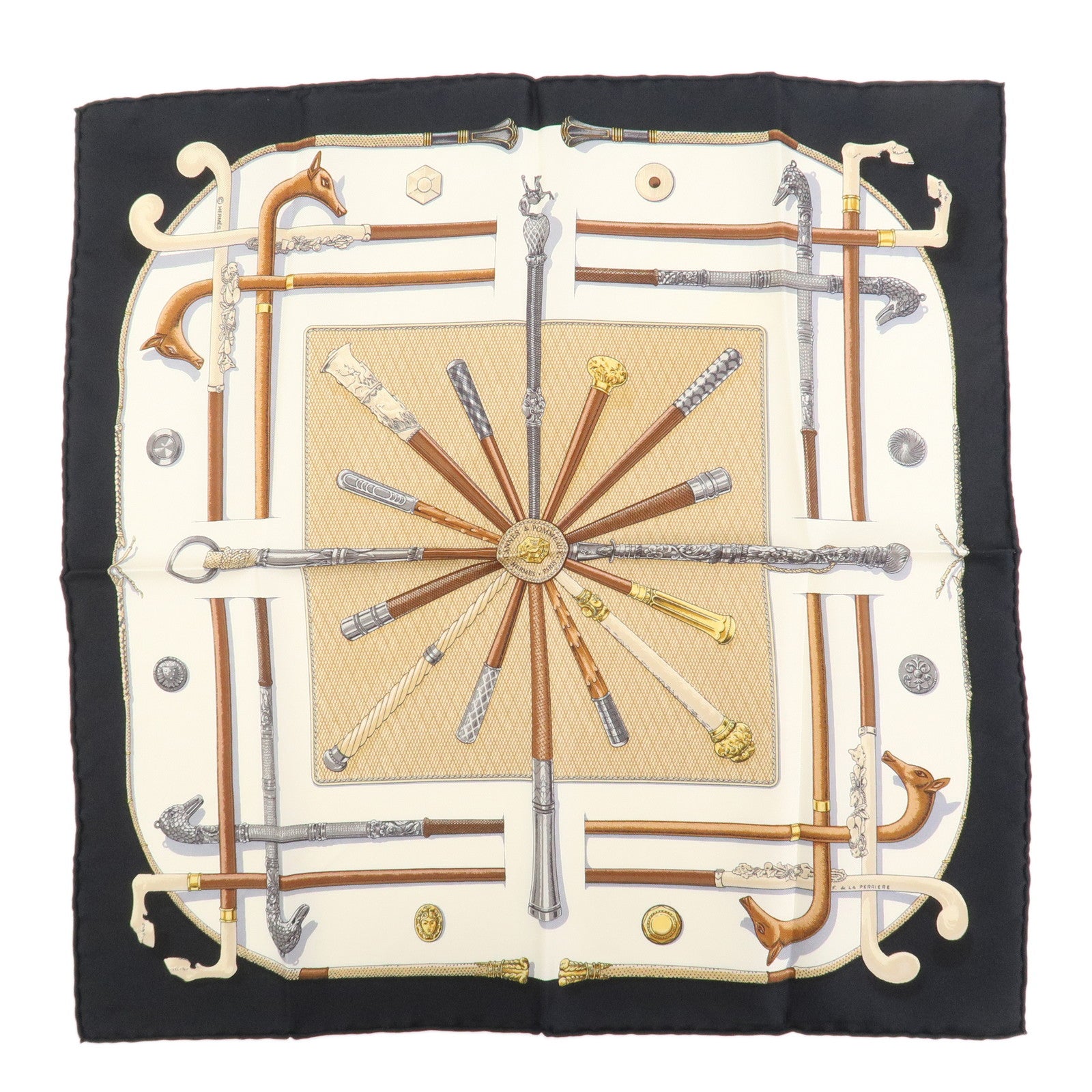 HERMES Carre 45 Silk 100% Scarf Cannes et Pommeaux Black White