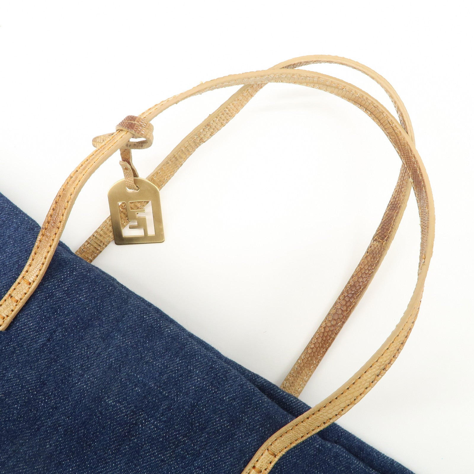 FENDI Denim Tote Bag Hand Bag Logo Charm Navy