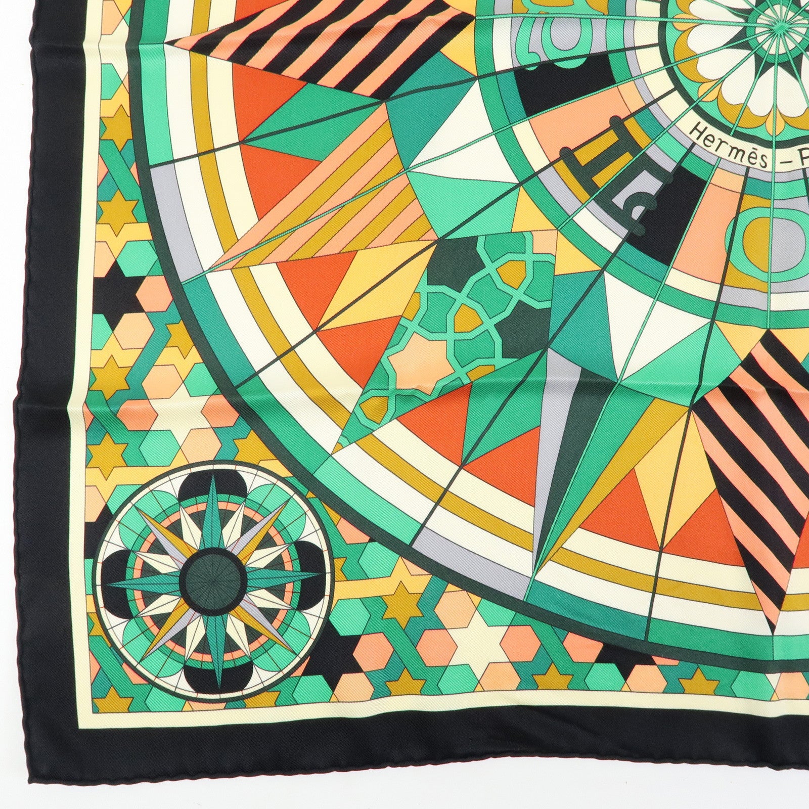 HERMES Carre 70 Silk 100% Scarf ROSE DE COMPAS Black Green