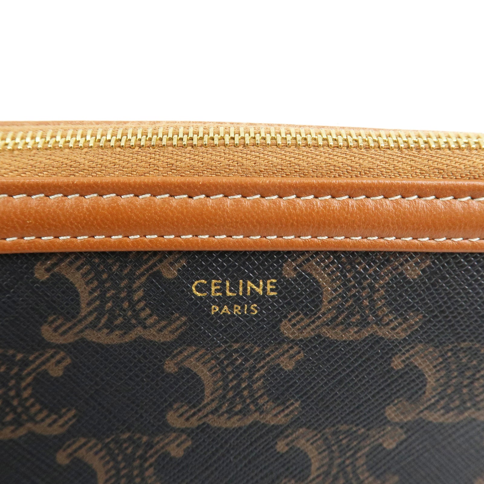CELINE Triomphe Canvas Lamb Skin Chain Shoulder Bag Tan
