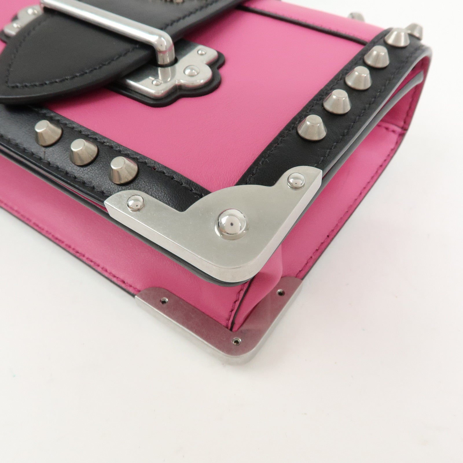 PRADA Cahier Calf Leather Studs Shoulder Bag Pink Black 1BH018