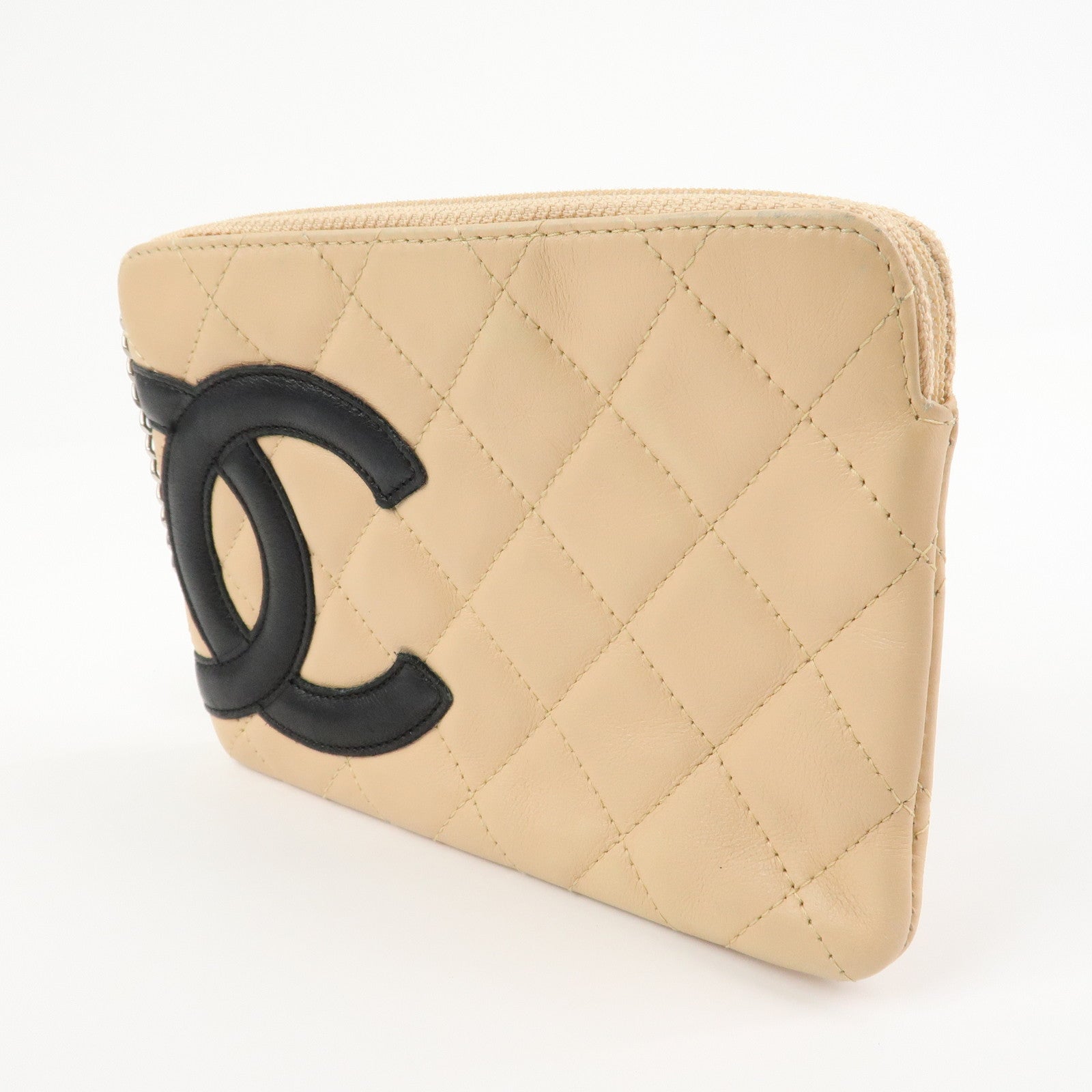 CHANEL Cambon Line Lamb Skin Cosmetic Pouch Makeup Bag Beige Black