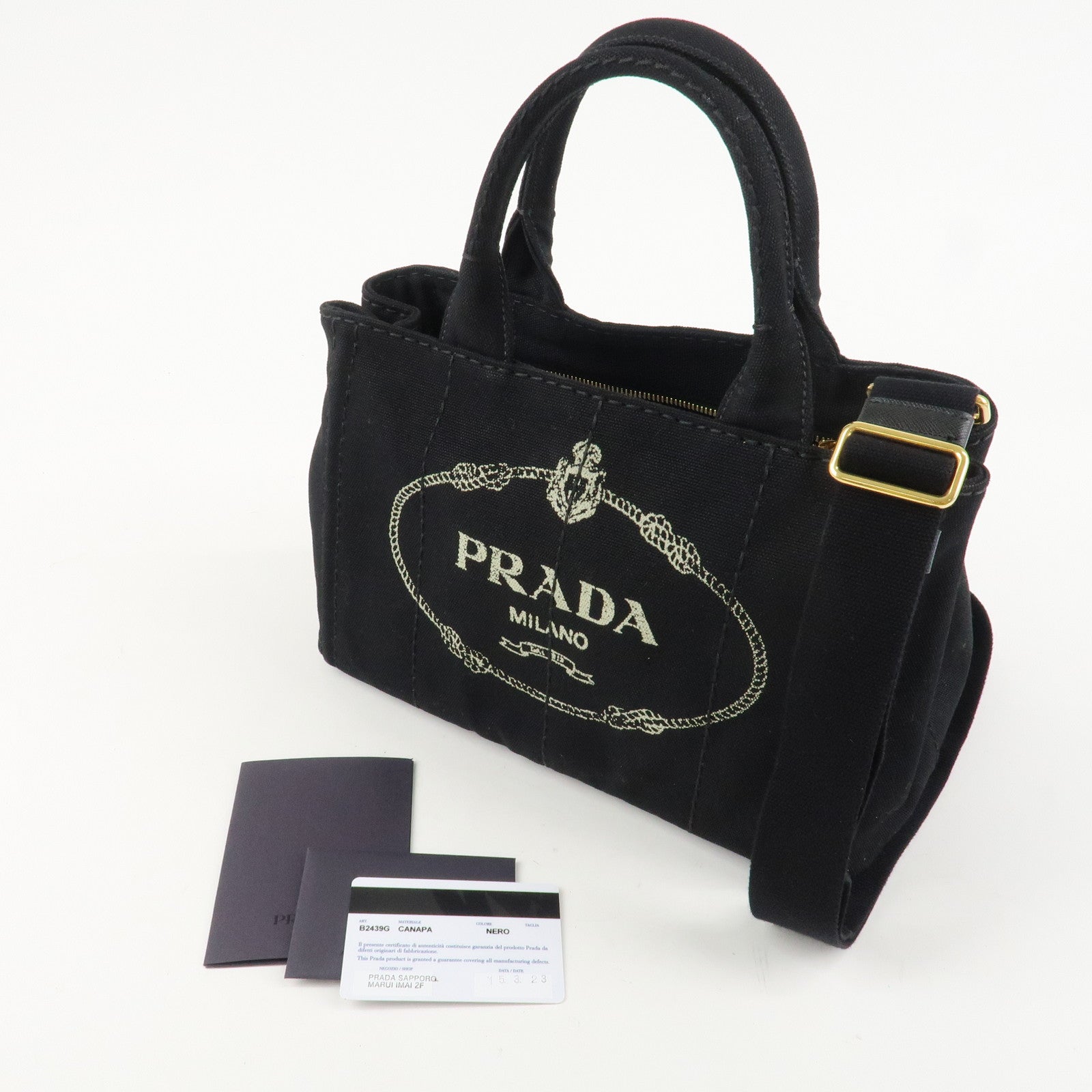 PRADA Logo Canapa Mini Canvas 2Way Bag Hand Tote Bag B2439G Black Used
