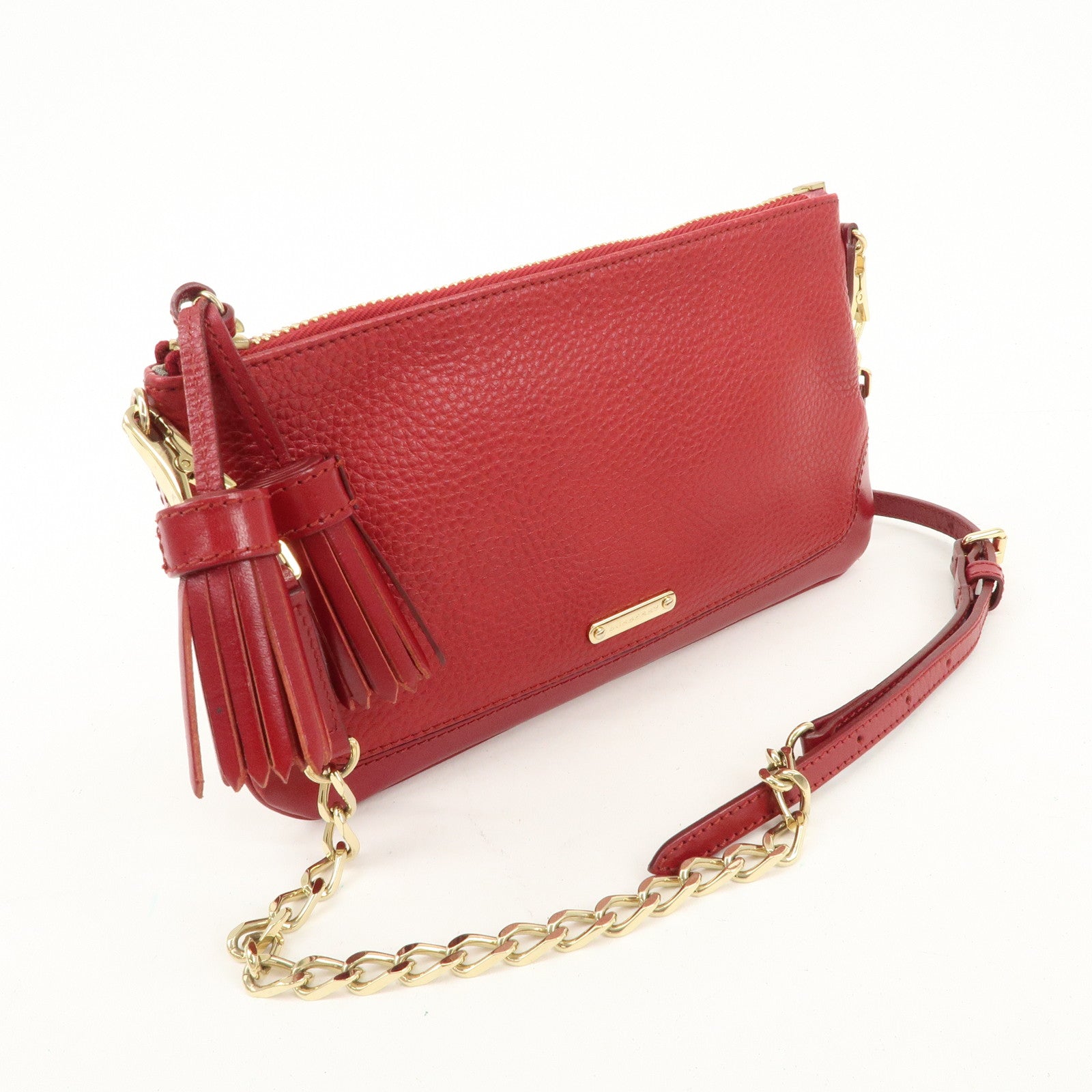 BURBERRY Logo Leather Chain Shoulder Bag Crossbody Bag Red Used