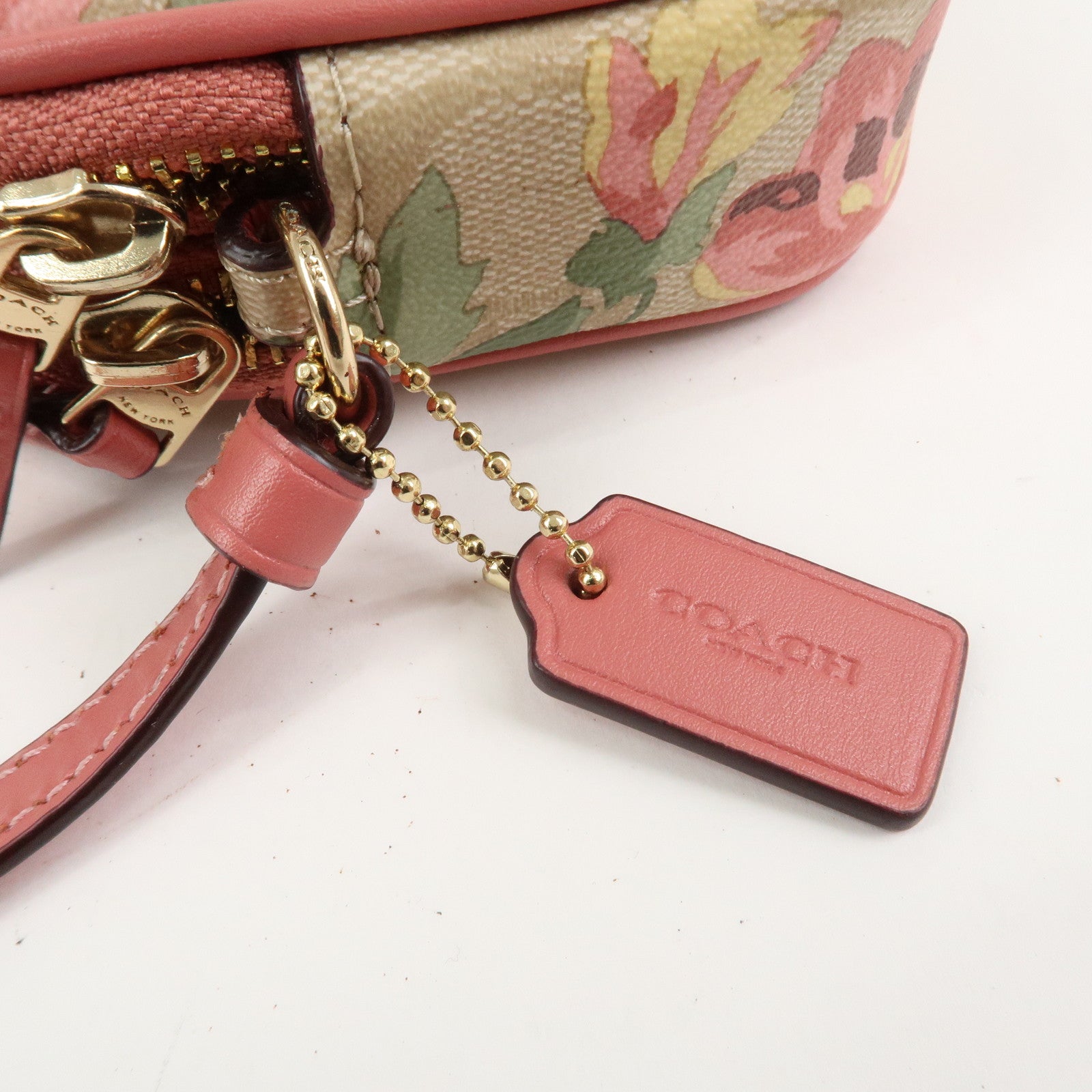 COACH Signature PVC Canvas Leather Shoulder Bag Beige Pink