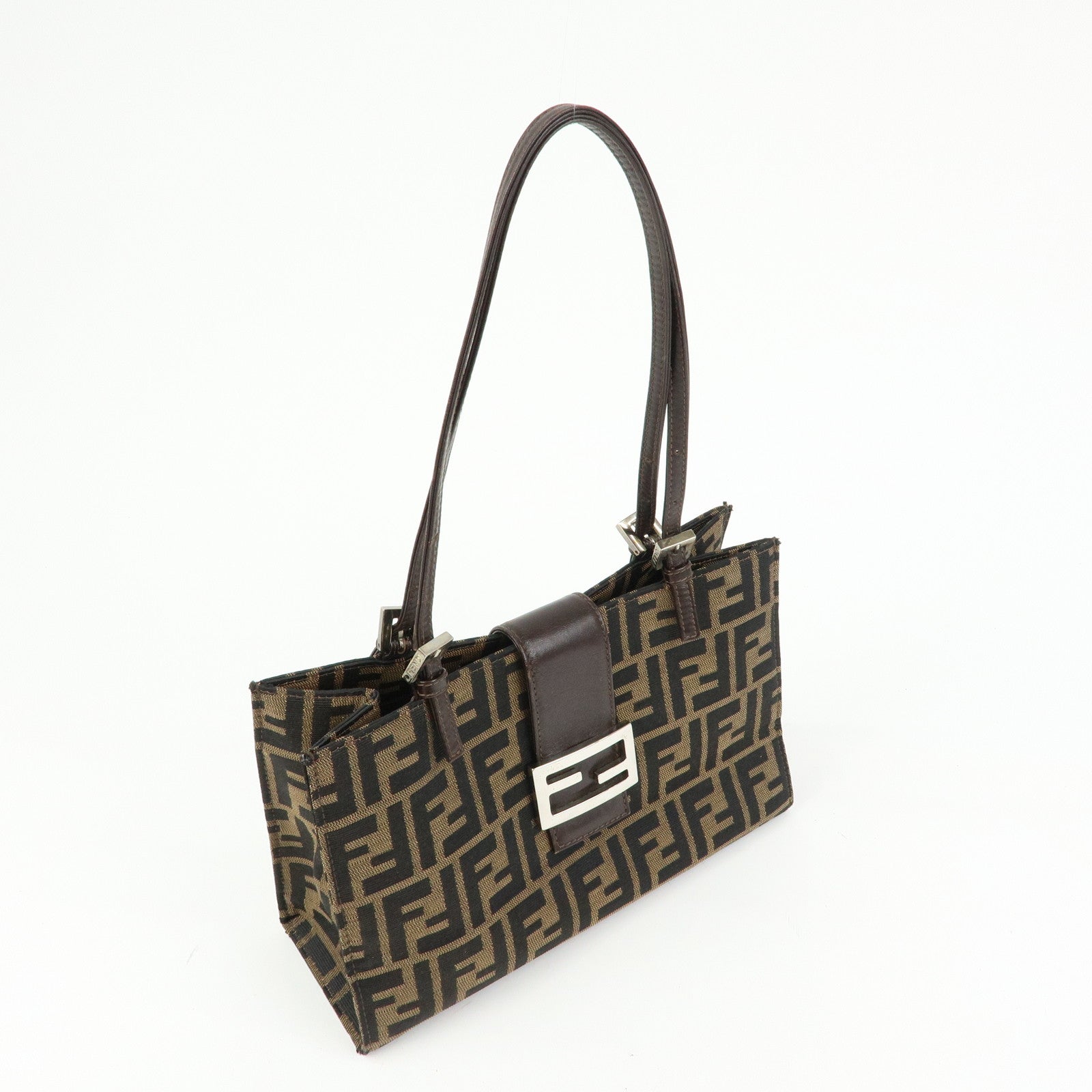 FENDI Zucca Canvas Leather Handbag Shoulder Bag Brown Black