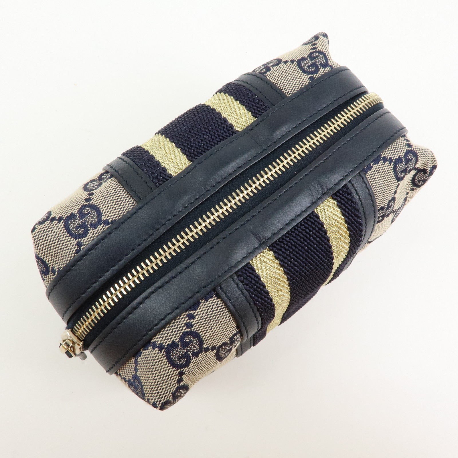 GUCCI Sherry GG Canvas Leather Cosmetic Pouch Navy 256636